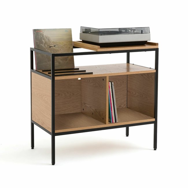 Meuble vinyles chêne et métal acier L87 cm, Volga Couleur chêne <span itemprop=