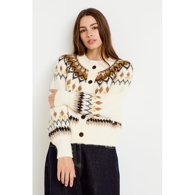 Gilet col rond manches longues ivoire <span itemprop=
