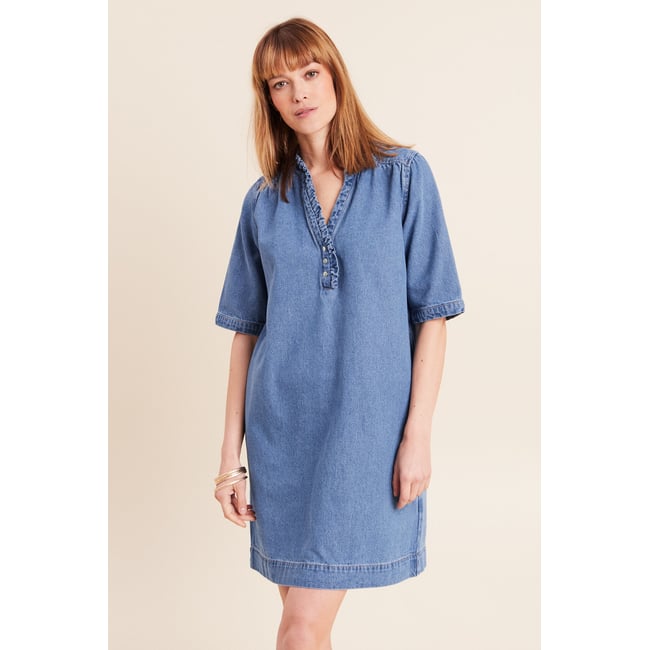Robe courte évasée jean col montant denim double stone <span itemprop=