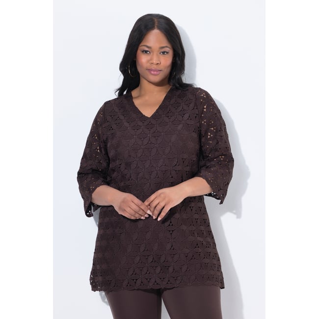 Tunique avec broderies ajourées marron pin <span itemprop=