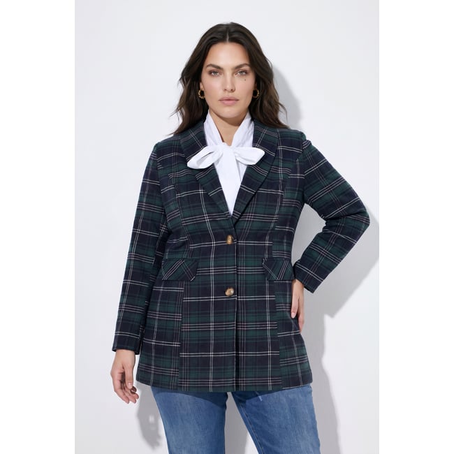 Blazer long, motif à carreaux noir <span itemprop=