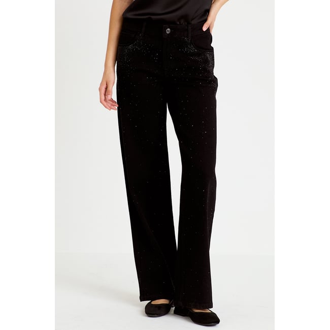 Jean wide leg taille basse strass noir <span itemprop=