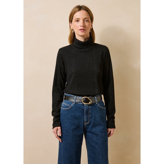 T-shirt en maille côtelée manches longues col montant noir <span itemprop=
