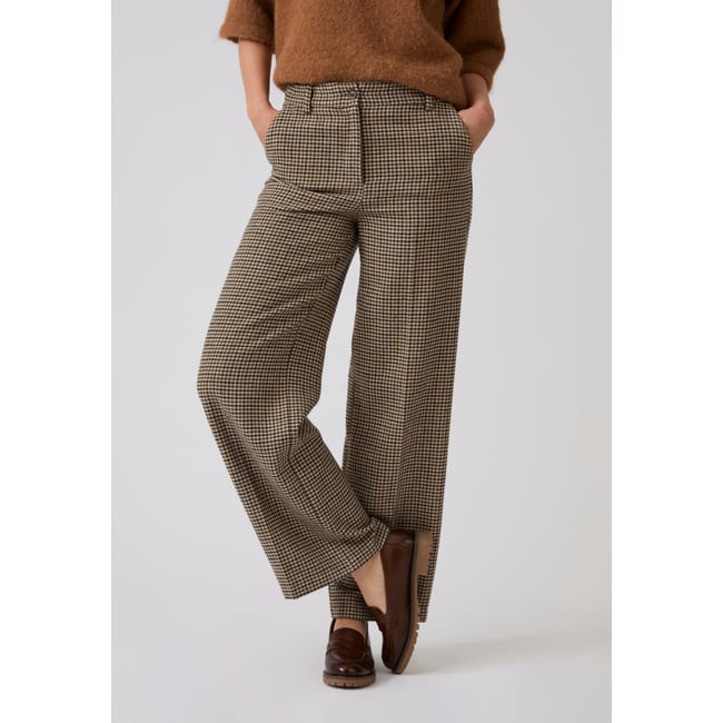 Pantalon large motif pied-de-poule marron pied-de-poule beige <span itemprop=