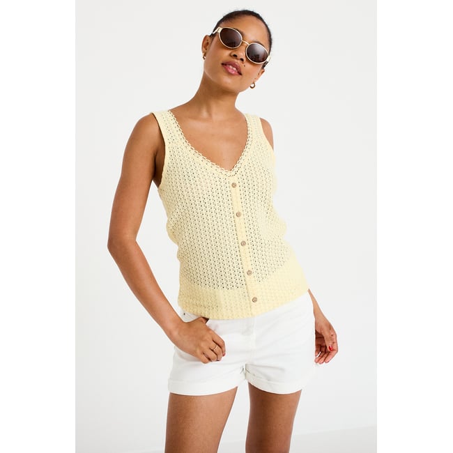 Débardeur ajouré aspect dentelle col v jaune pastel <span itemprop=