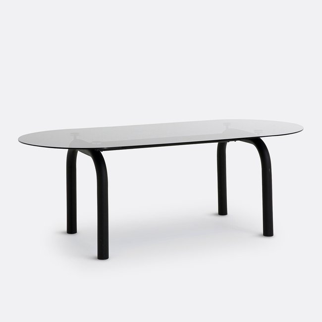 Table à manger, ovale, en verre fumé et métal acier, 6 à 8 couverts, POLLY Couleur noir <span itemprop=