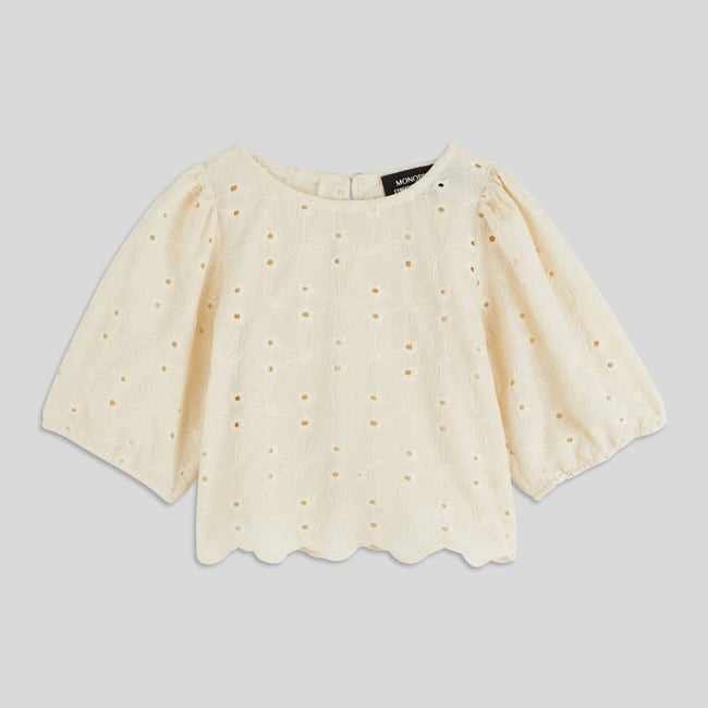 Blouse ajourée en coton ecru melange <span itemprop=
