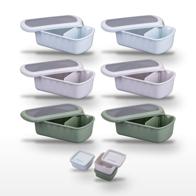 Lot de 6 lunch box 1L avec 3 boites à sauce STORAGE bleu|beige|vert <span itemprop=