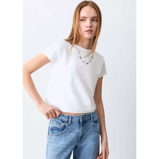 T-shirt basique en coton blanc cassé <span itemprop=