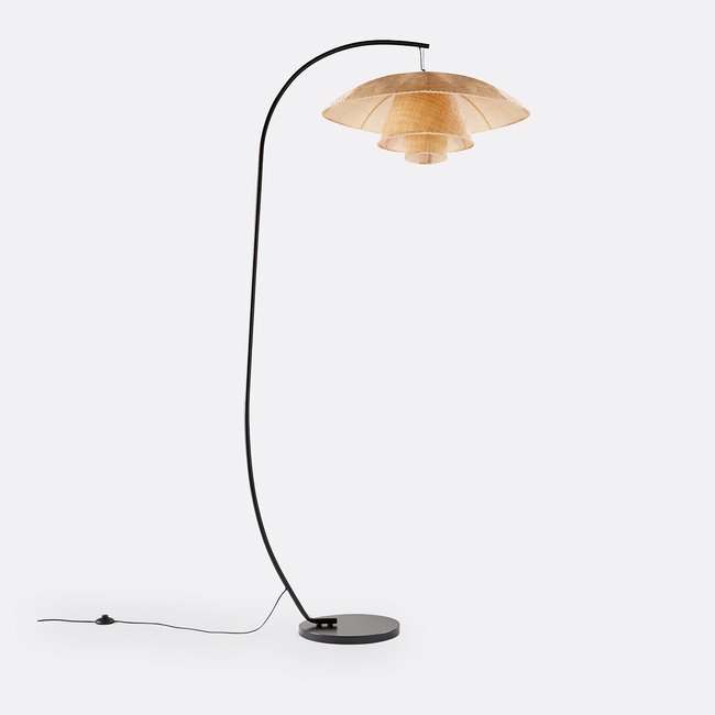 Lámpara de pie con arco de acero y mimbre, Lola natural/negro <span itemprop=