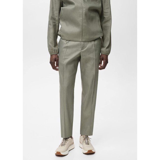 Pantalon lin à pinces olive <span itemprop=