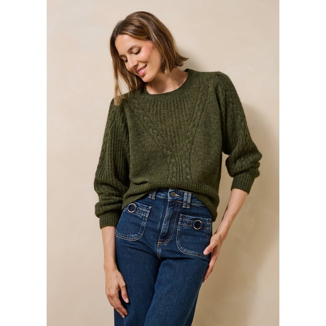Pull manches longues en maille irisée col rond kaki <span itemprop=