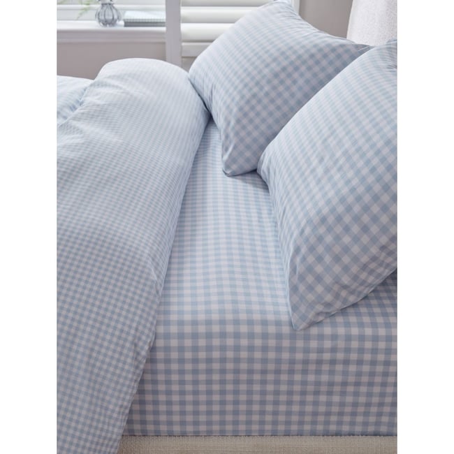 Drap-housse et taie d’oreiller à motif vichy bleu <span itemprop=