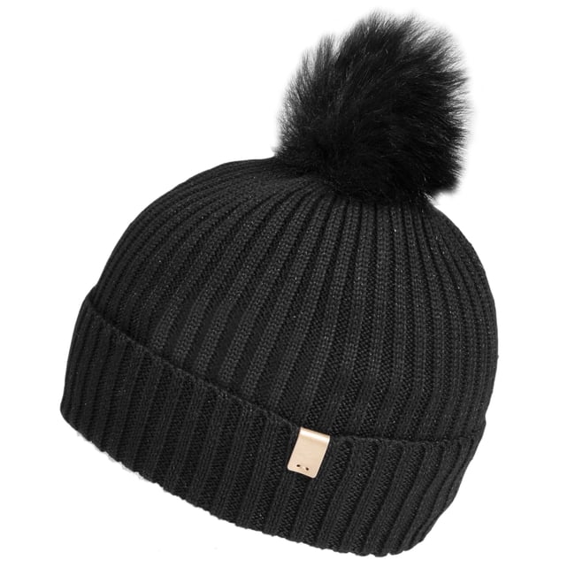 Bonnet en maille recyclée, chaud, doublé polaire recyclé, pompom imitation fourrure noir <span itemprop=