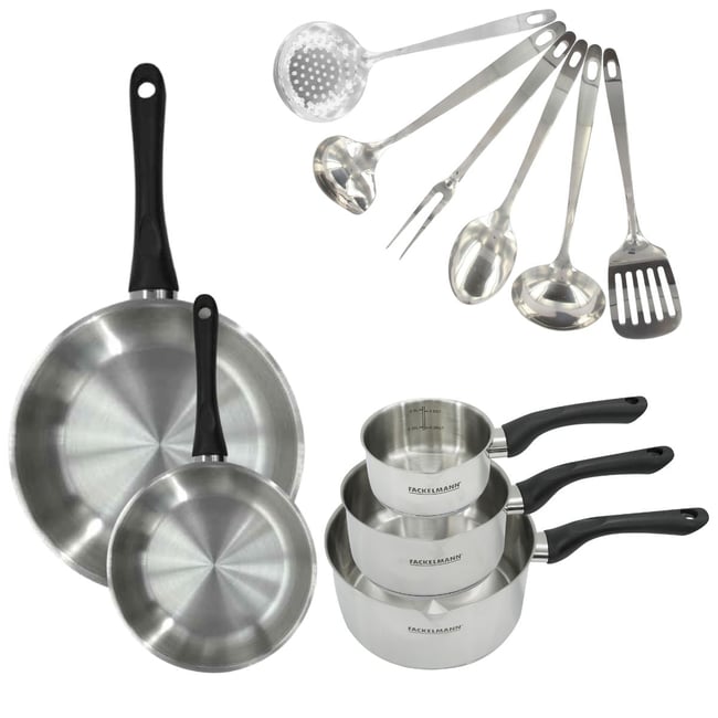 Batterie de cuisine 2 poêles 20/28cm + 3 casseroles 6cm GENEVA inox|noir <span itemprop=