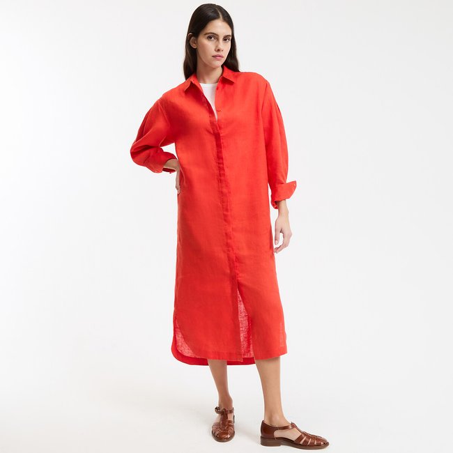 Robe-chemise droite, en lin, longue, manches longues  rouge grenadine <span itemprop=