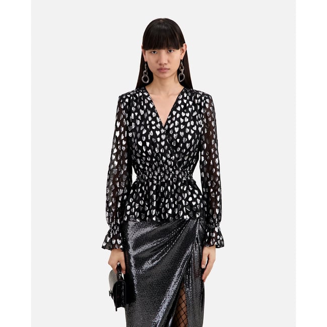 Blouse col V manches longues motifs cœurs  noir/argent <span itemprop=