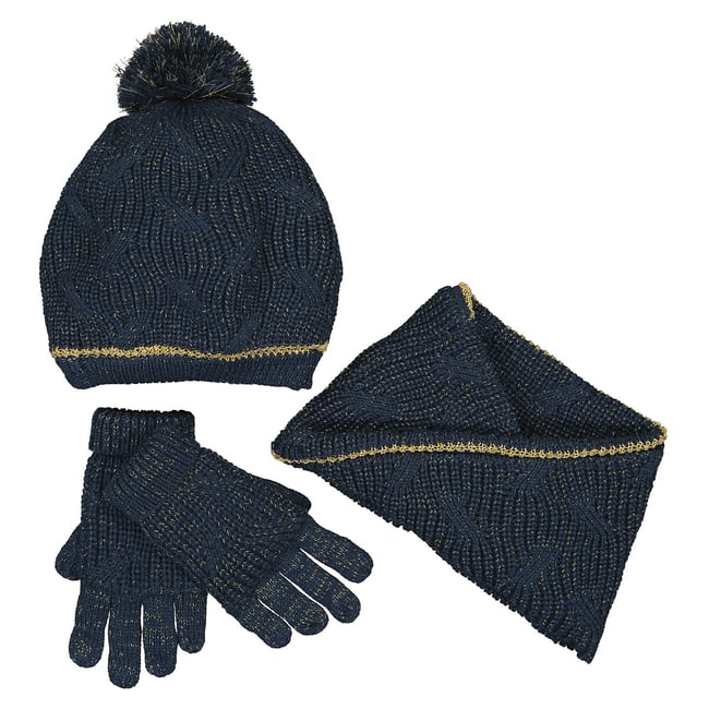 Ensemble bonnet à pompon + snood + gants  bleu marine <span itemprop=