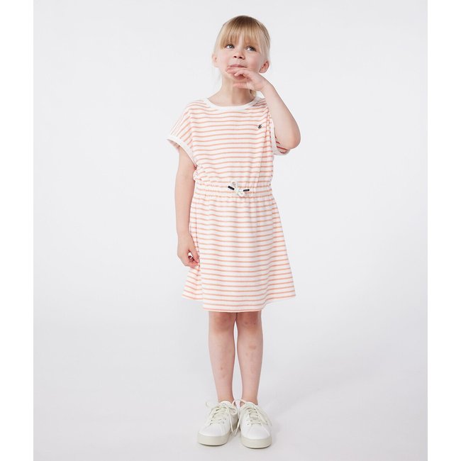 Vestido de rizo de algodón a rayas de manga corta albaricoque <span itemprop=
