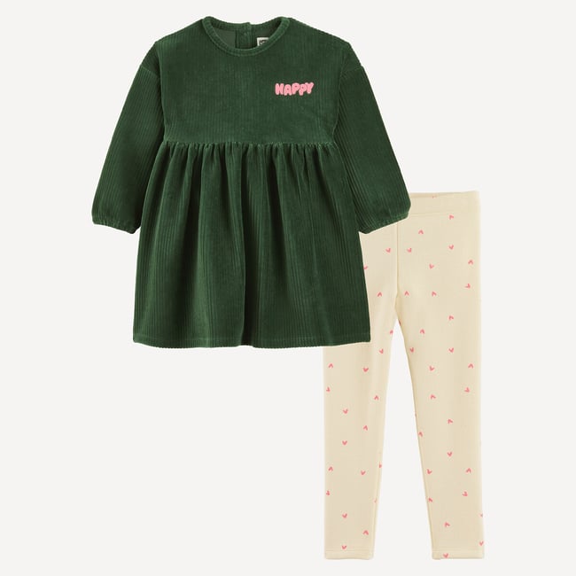 Ensemble 2 pièces, robe en velours et legging imprimé coeurs vert + écru LA REDOUTE COLLECTIONS