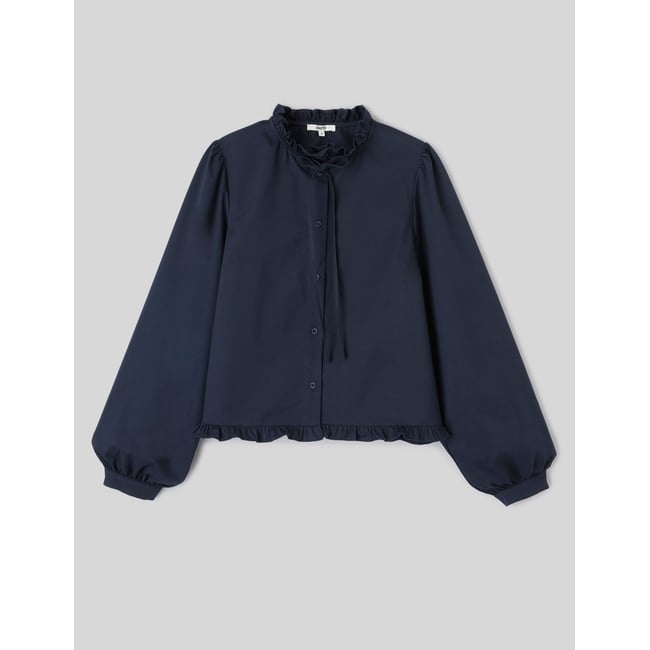 Blouse à volants bleu foncé <span itemprop=