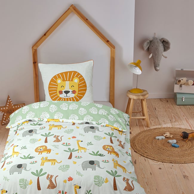 Parure de lit enfant lion jungle réversible SAVANE blanc <span itemprop=