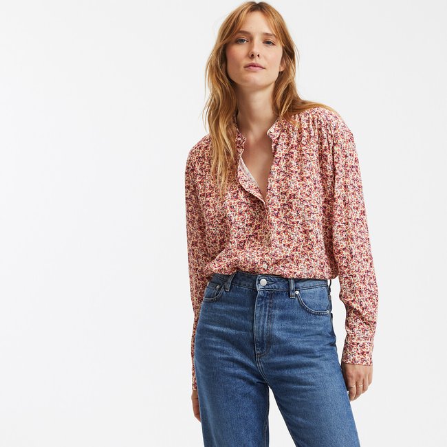 Chemise col mao imprimé floral, manches longues imprimé floral rose <span itemprop=