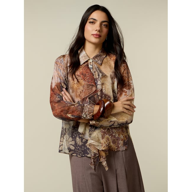Blouse à imprimé floral avec volants marron <span itemprop=