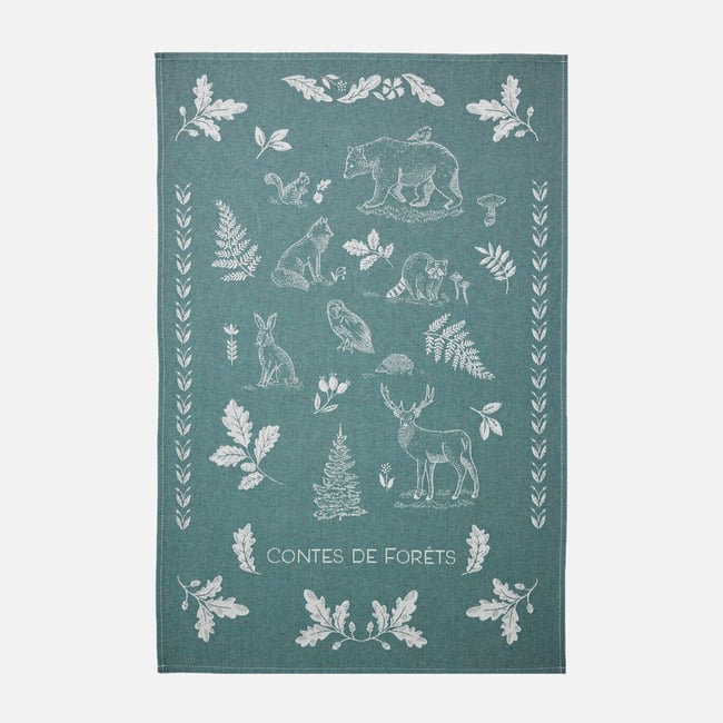 Torchon jacquard en coton CONTE DE FORÊT vert bleu <span itemprop=