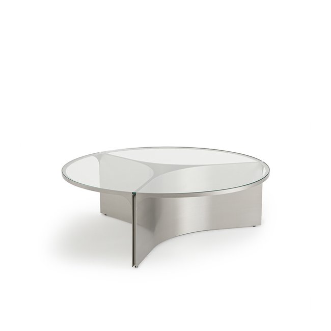 Table basse verre et métal, grand modèle, Gira nickel satiné <span itemprop=