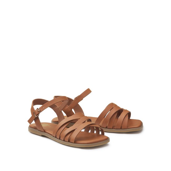 Sandales plates avec bride tressée camel <span itemprop=