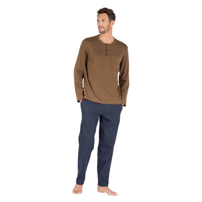 Pyjama en interlock, pantalon rayé marron/bleu marine <span itemprop=