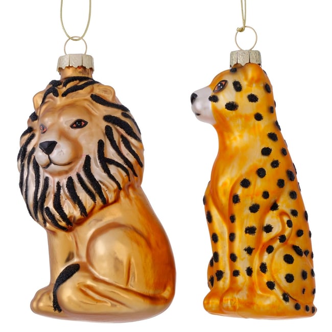 Set de 2 boules de Noël en verre laqué safari lion et léopard 6x4x10cm Couleur marron <span itemprop=