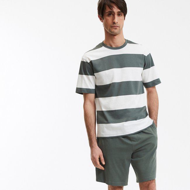Jersey pyjama shorts, striped top, green, LA REDOUTE COLLECTIONS