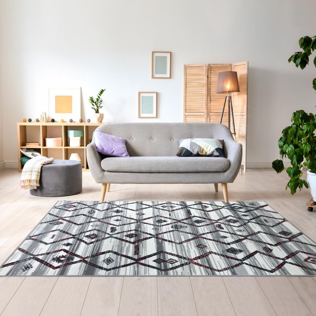 Tapis chambre tissé motif berbère LYN1 LABER Couleur gris, noir, blanc <span itemprop=