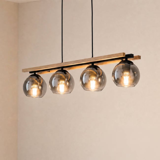 Suspension en verre moderne, Enrique Couleur gris fumé, chêne clair, noir <span itemprop=