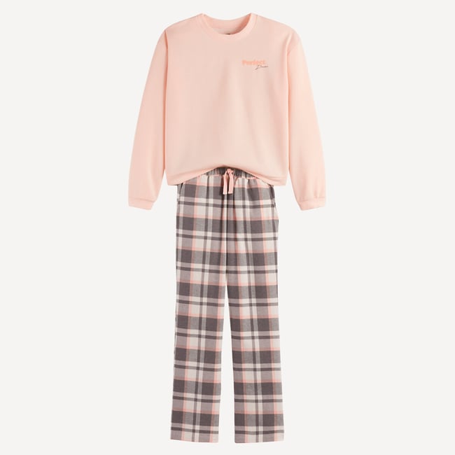 Pyjama en molleton et flanelle gris/rose <span itemprop=