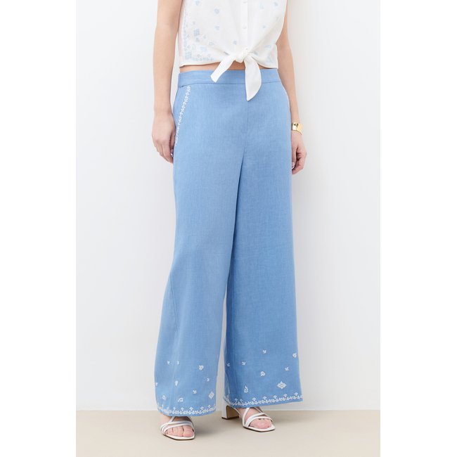 Pantalon large en lin PANDABRODE bleu gris <span itemprop=