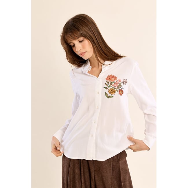 Chemise droite à fleurs brodées offwhite <span itemprop=
