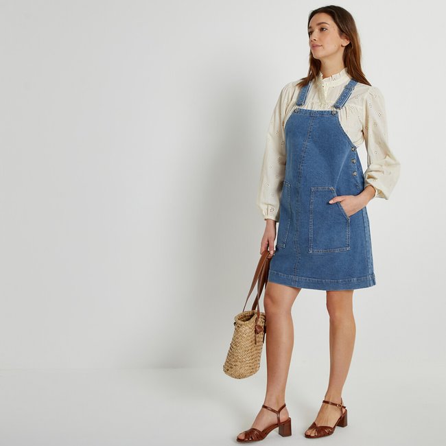 Vestido tipo jardineiras, em ganga, para grávida azul stone <span itemprop=
