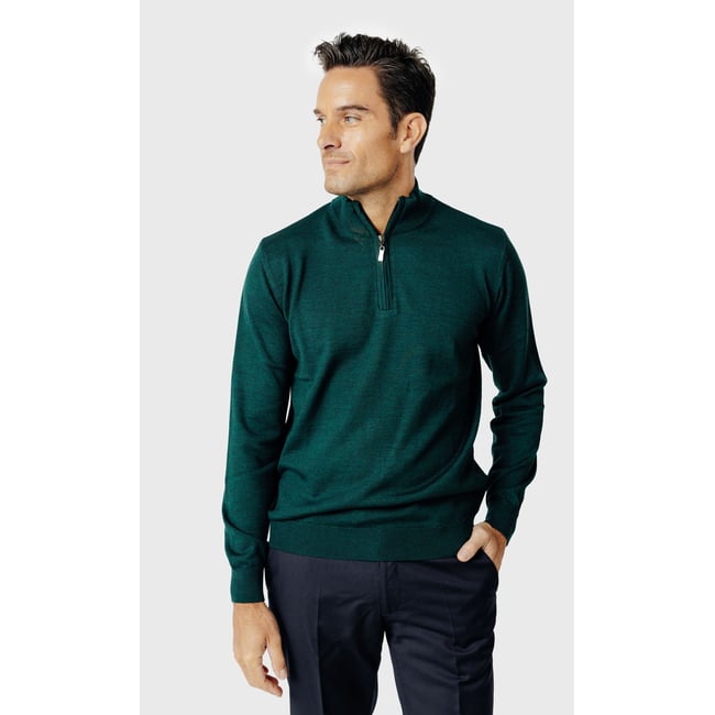 Pull col montant zippé en laine mérinos vert feuillage - ACROSS