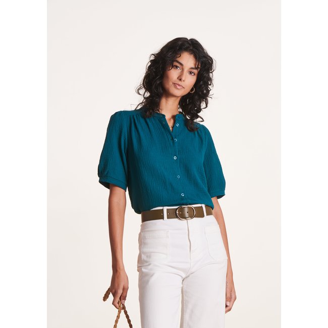 Chemise courte en coton biologique bleu <span itemprop=