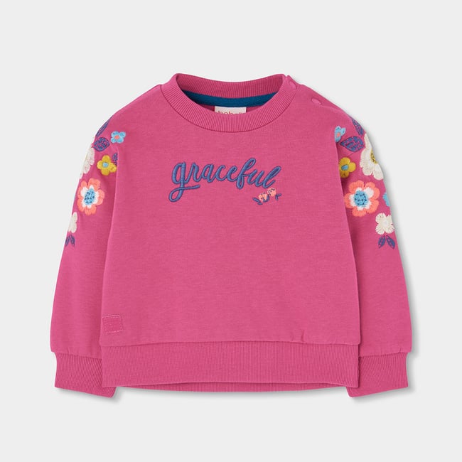 Sweat-shirt fille en molleton brodé fleurs violet <span itemprop=
