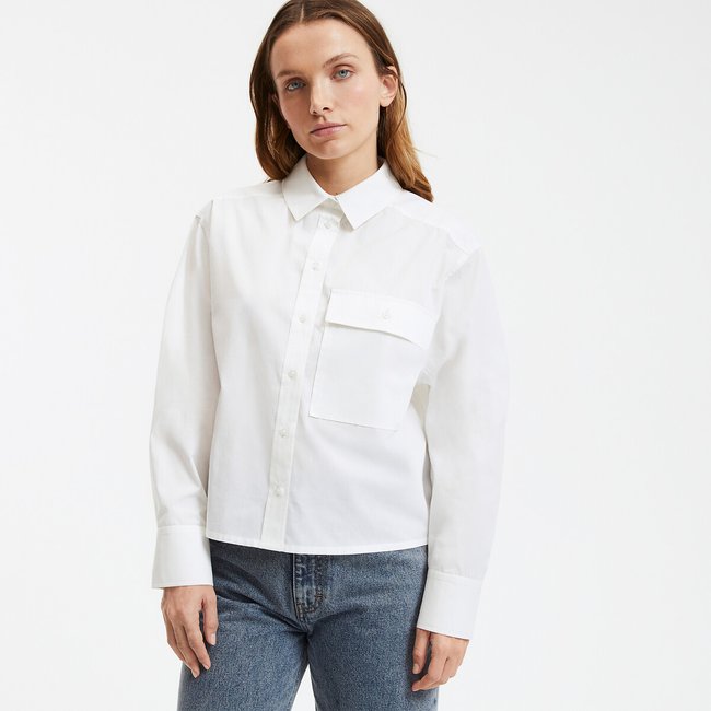 Cotton Short Boxy Shirt with Long Sleeves, white, LA REDOUTE COLLECTIONS
