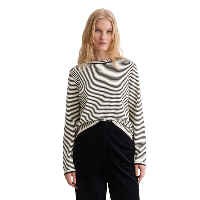Pull à rayures milleraies regular en pur coton bio blanc naturel <span itemprop=