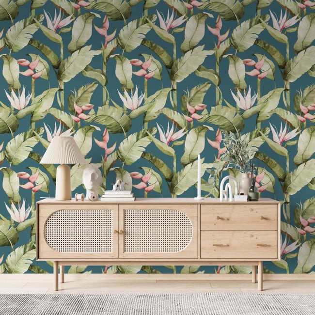 Papier peint botanique avec fleurs et plantes tropicales - 510x260 cm (l x h) Couleur vert <span itemprop=