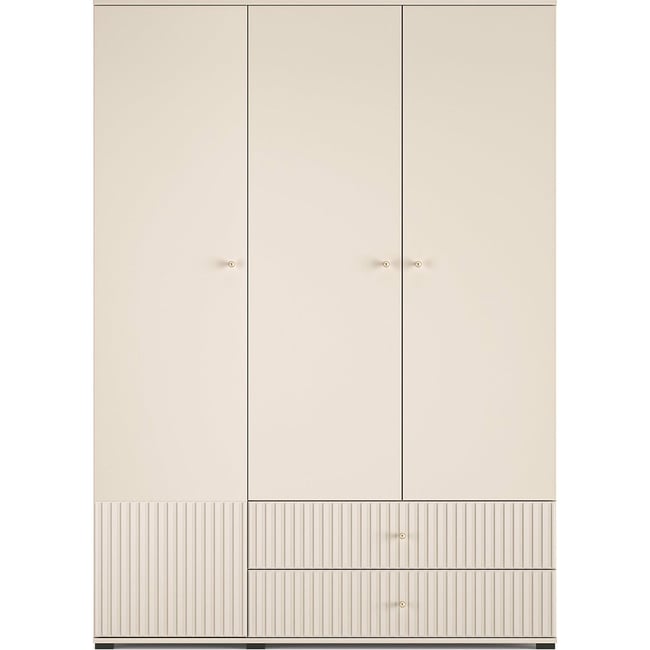 Armoire 3 portes 2 tiroirs à lamelles Couleur beige cachemire et poignées dorées <span itemprop=