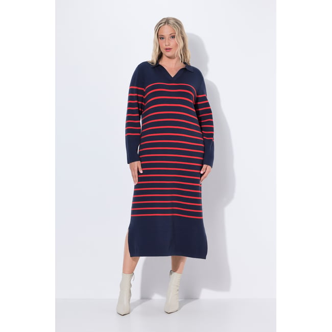 Robe midi en maille, col et encolure en V marine <span itemprop=