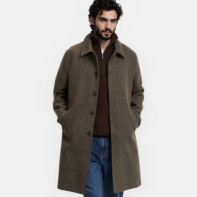 Manteau long en laine mélangée plein hiver, à col chemise, Signature VIRGIL marron carreaux <span itemprop=
