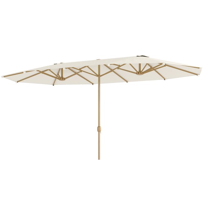 Parasol de jardin style exotique XXL manivelle acier effet bois tissu beige clair beige <span itemprop=